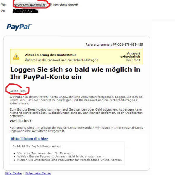 Mail über ungewöhnliche Aktivitäten im PayPal Konto Corinna Goering